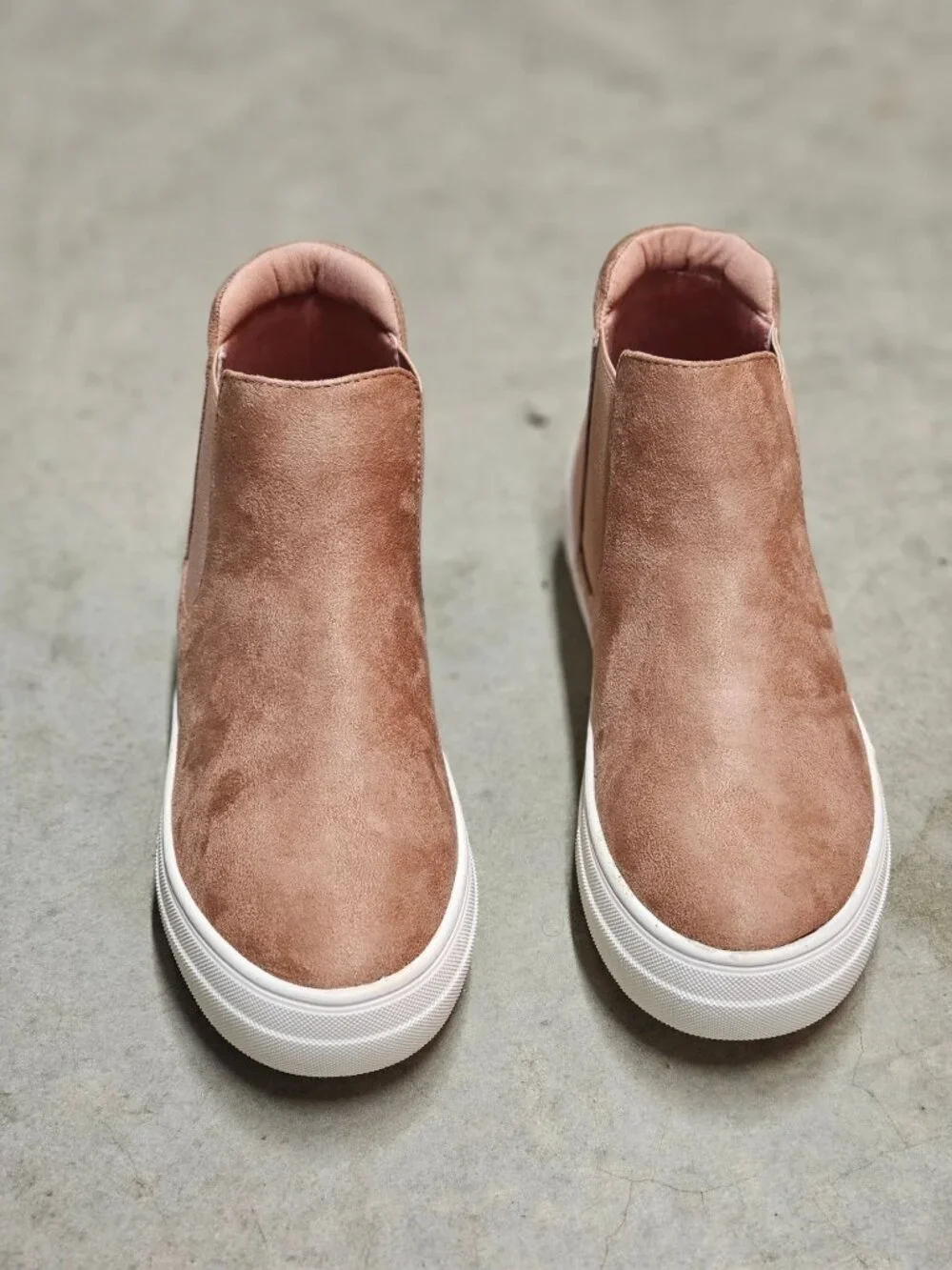 Blush Nubuck Slip-On Platform Sneakers With Elastic Side Panels & White Soles Fo